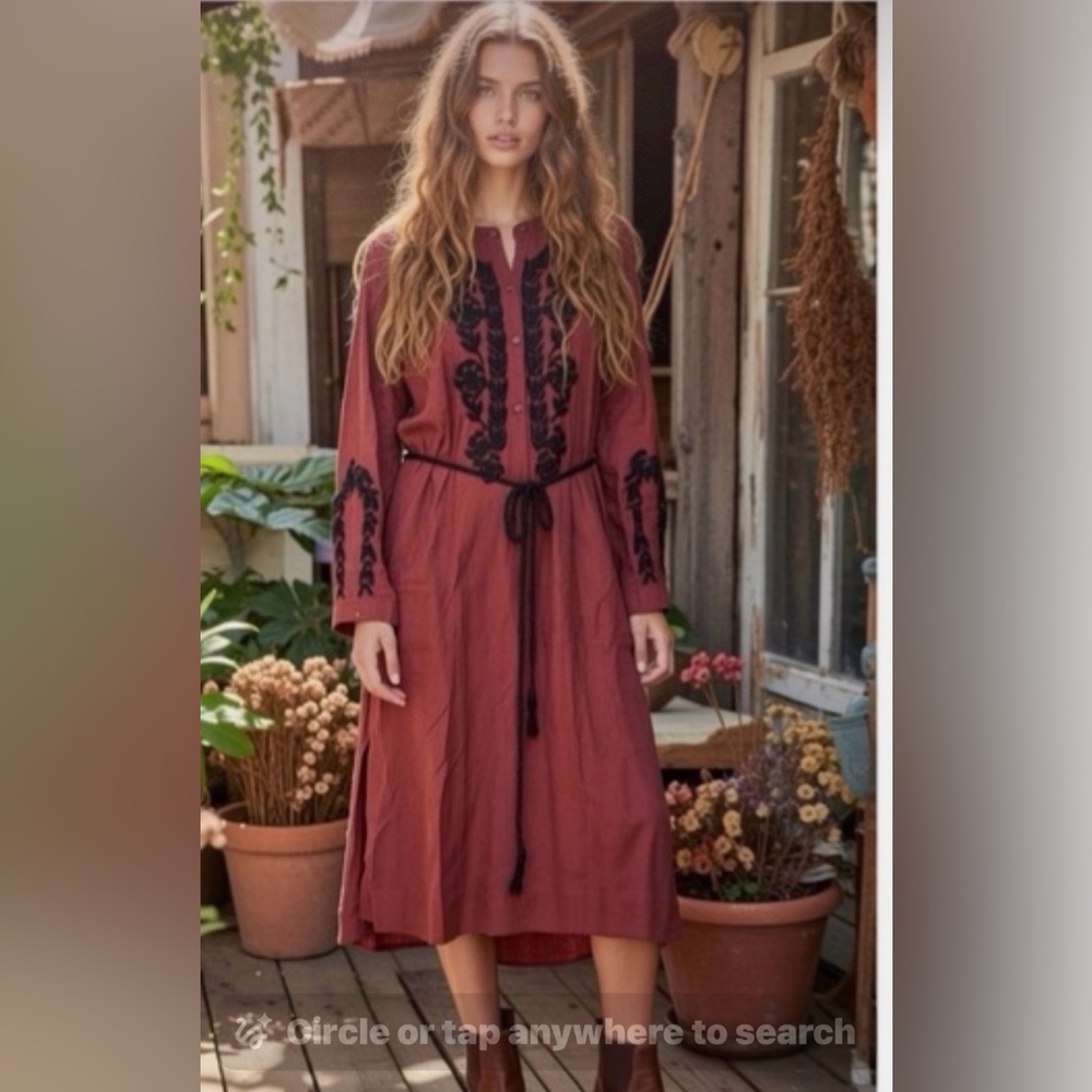 NWT EX VOTO Wine/Black Embroidered Maxi w/Tie Belt tag $289 SZ M 100% Cotton